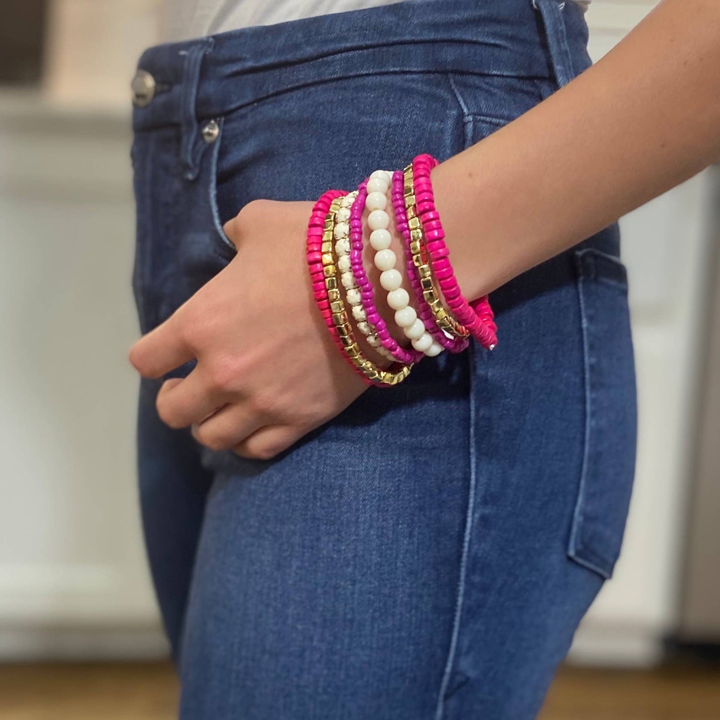 *$3.97 Closeout* Boho Bracelet - Pink & Off-White