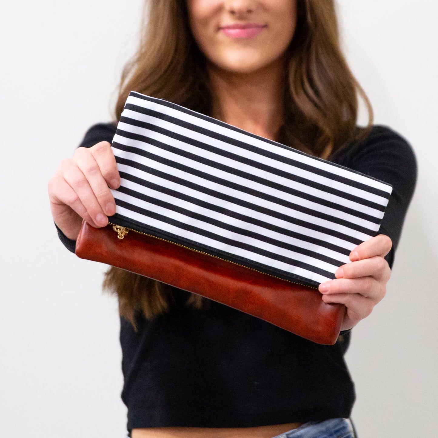 *$6.97 Closeout* FoldOver Clutch Classic Black/White stripe