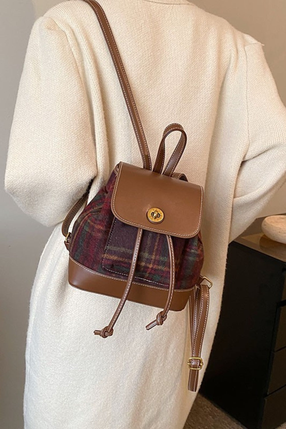 PU Leather Drawstring Plaid Backpack Bag