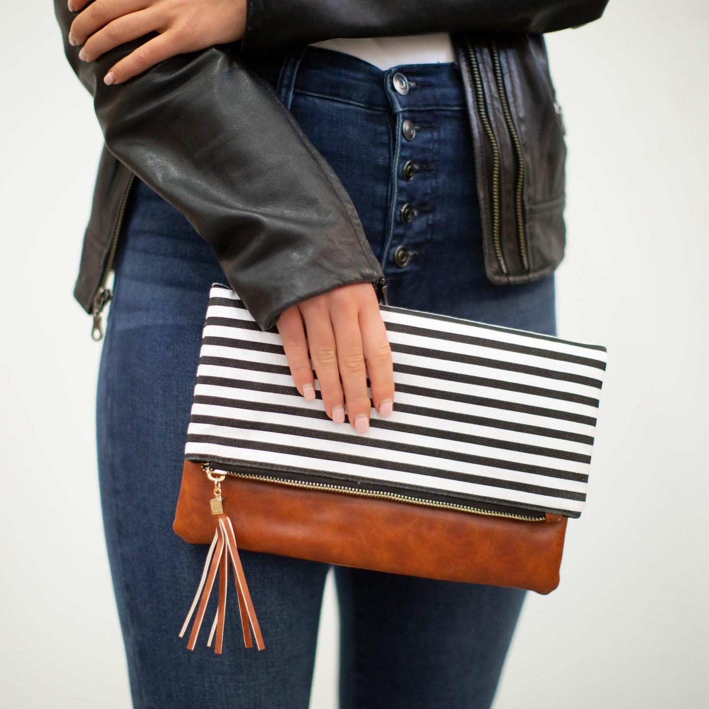 *$6.97 Closeout* FoldOver Clutch Classic Black/White stripe