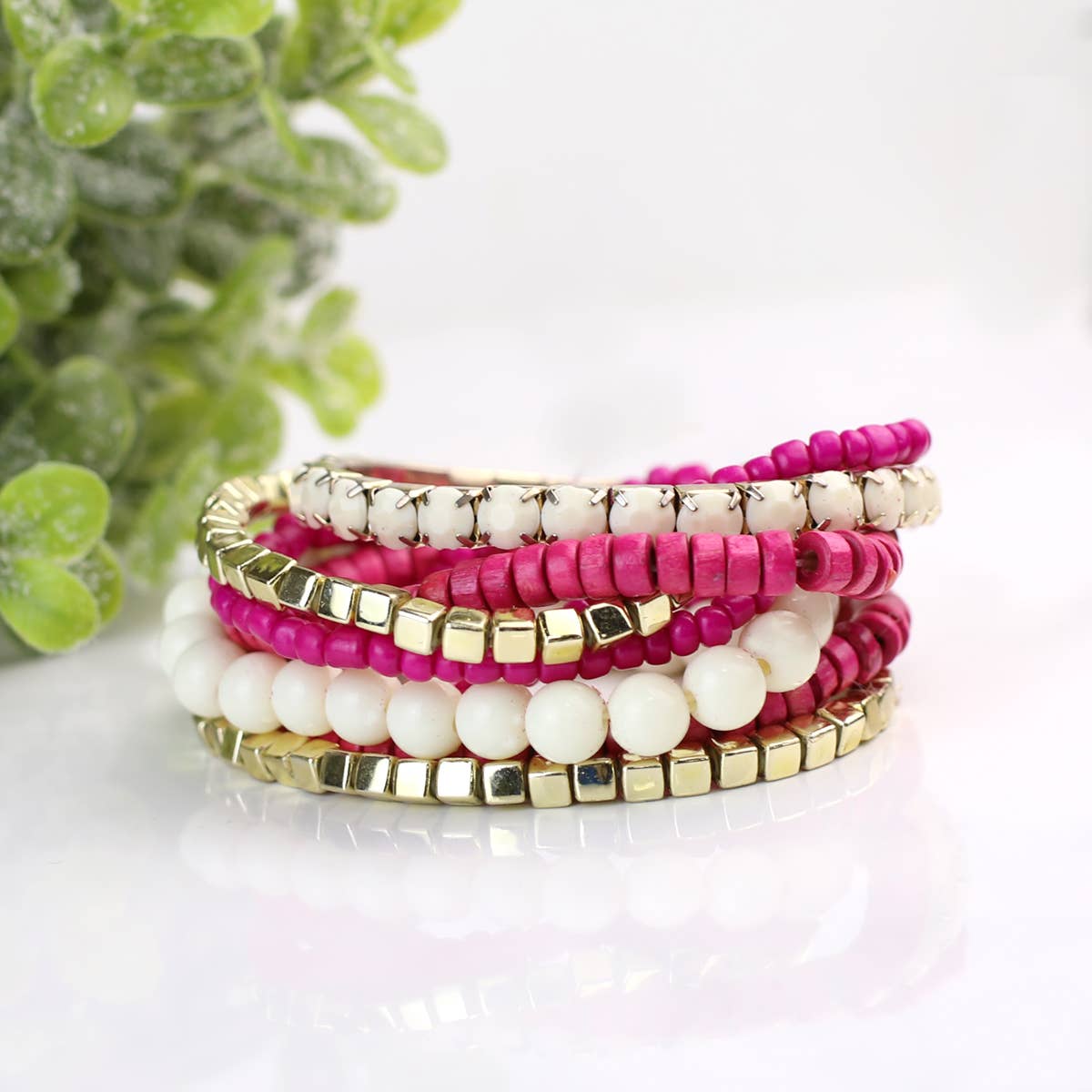 *$3.97 Closeout* Boho Bracelet - Pink & Off-White