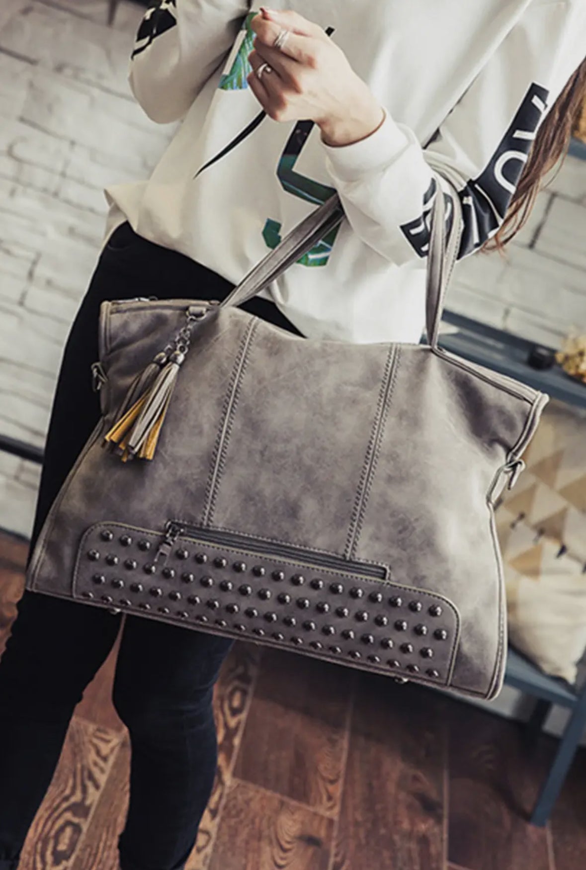 Gray Studded Tote