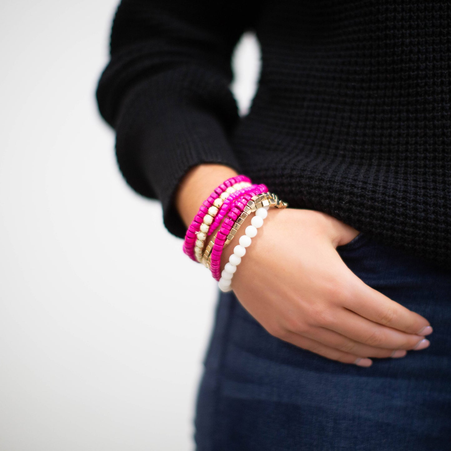 *$3.97 Closeout* Boho Bracelet - Pink & Off-White